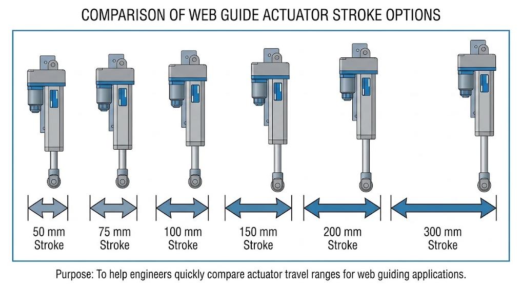 Comparison of web guide actuator stroke options from 50 mm to 300 mm