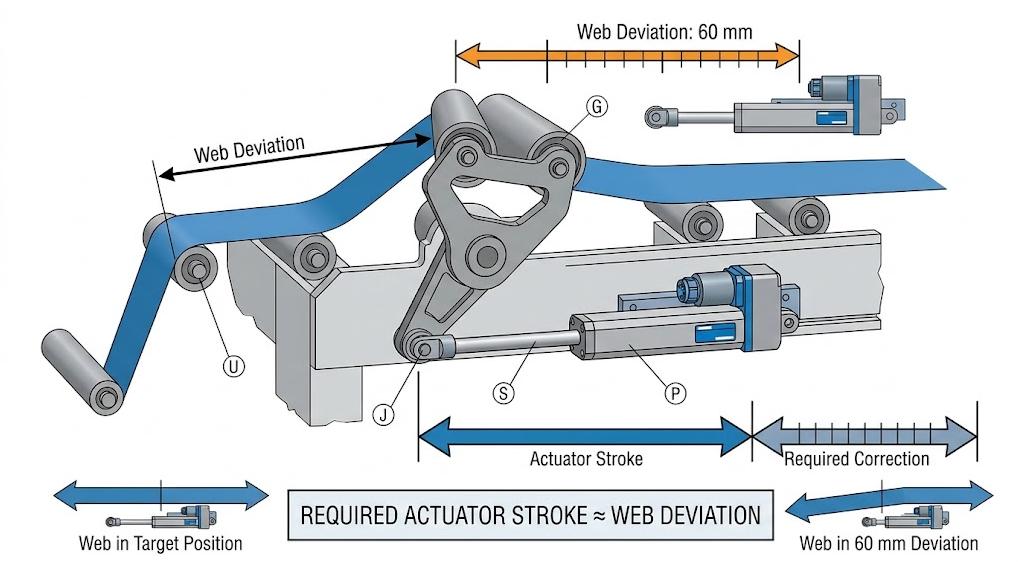 Diagram showing actuator stroke and web correction movement