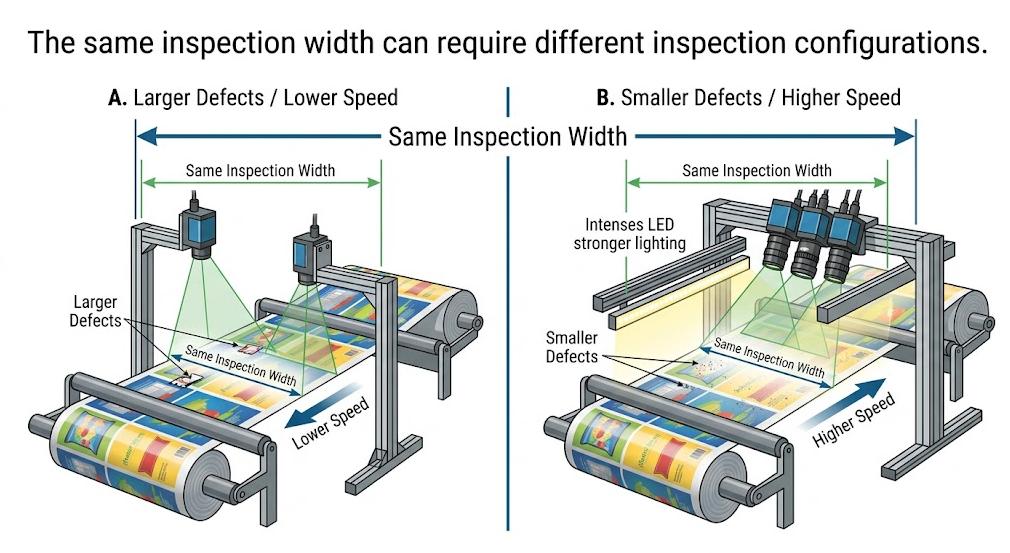 Inspection width with different defect size and line speed requirements