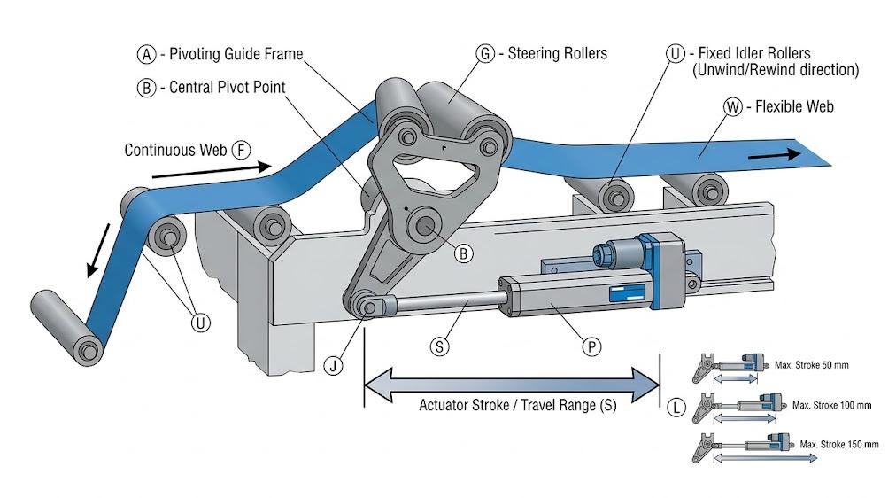 Web guide actuator stroke and travel range illustration