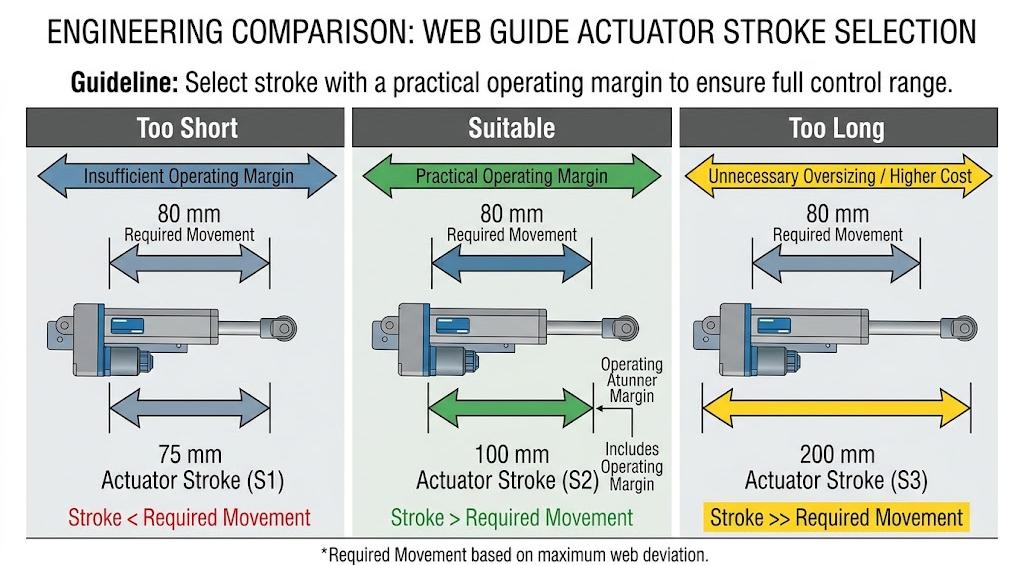 Web guide actuator stroke selection showing too short suitable and too long options