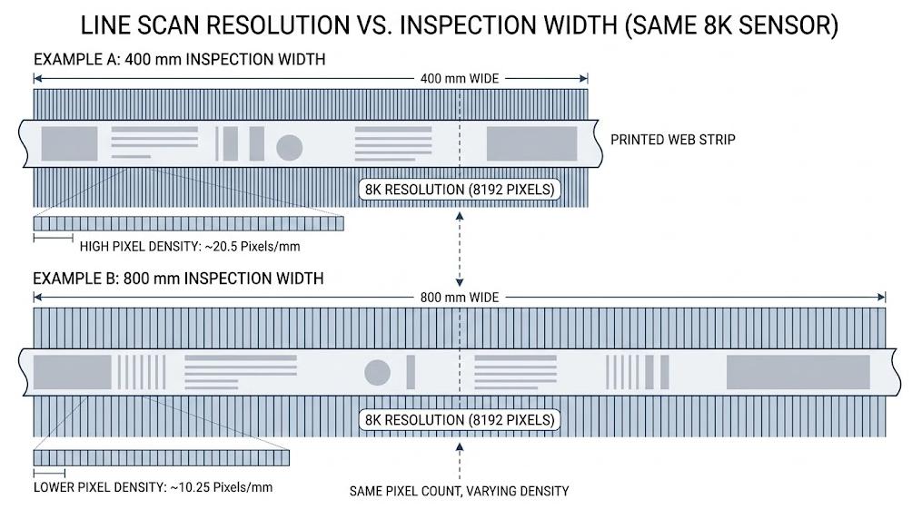 8K camera pixel density across different inspection widths