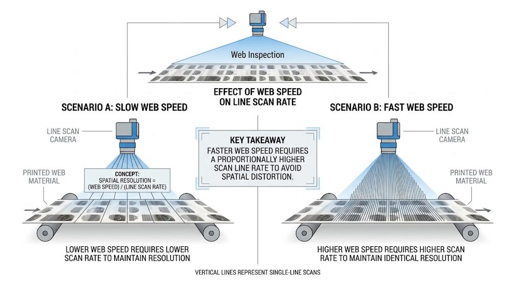 Web speed and line rate in print inspection